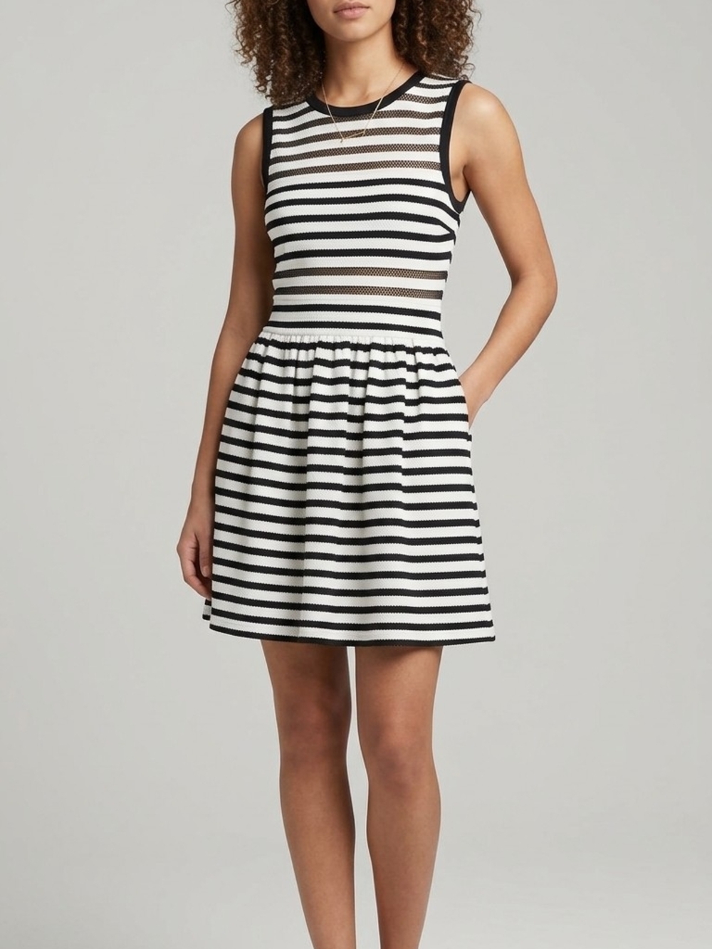 Sleeveless Black and White Striped Fit-and-Flare Dress